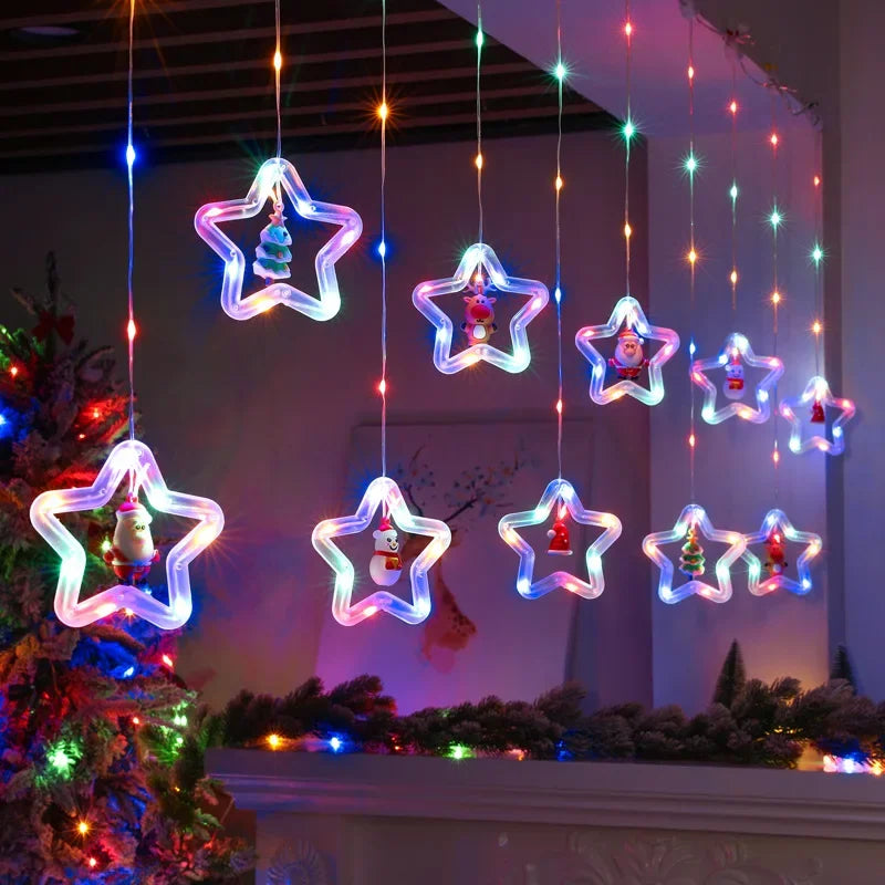 Christmas Lights String Star Santa Claus Curtain.
