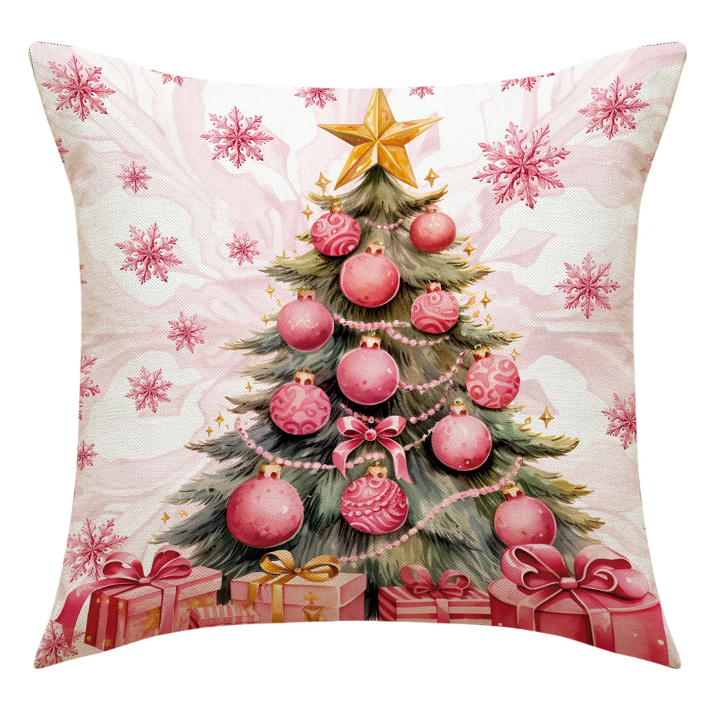 Funda de almohada navideña rosa 45x45cm Papa Noel, Muñeco de Nieve Arbol de Navidad.