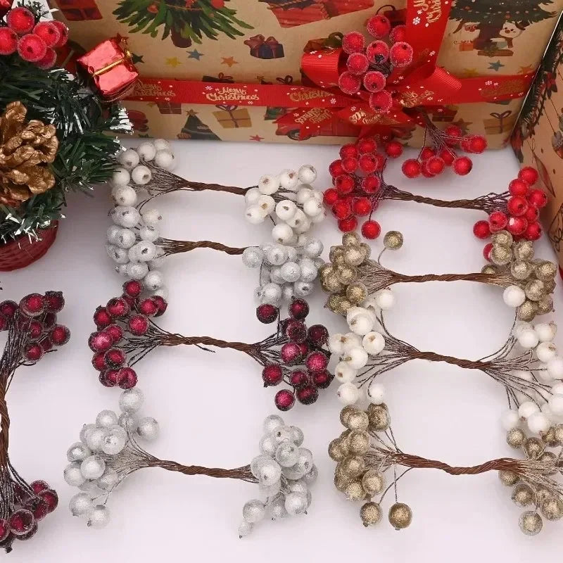 Mini bayas de acebo artificiales navideñas esmeriladas de doble cabeza