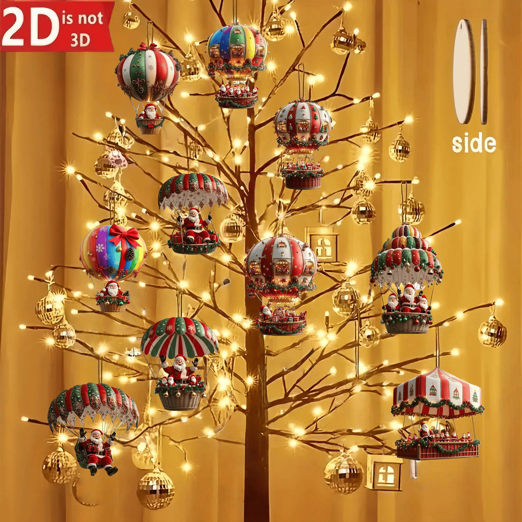 Wooden Hot Air Balloon Santa Claus 2D Flat Wooden Pendant.