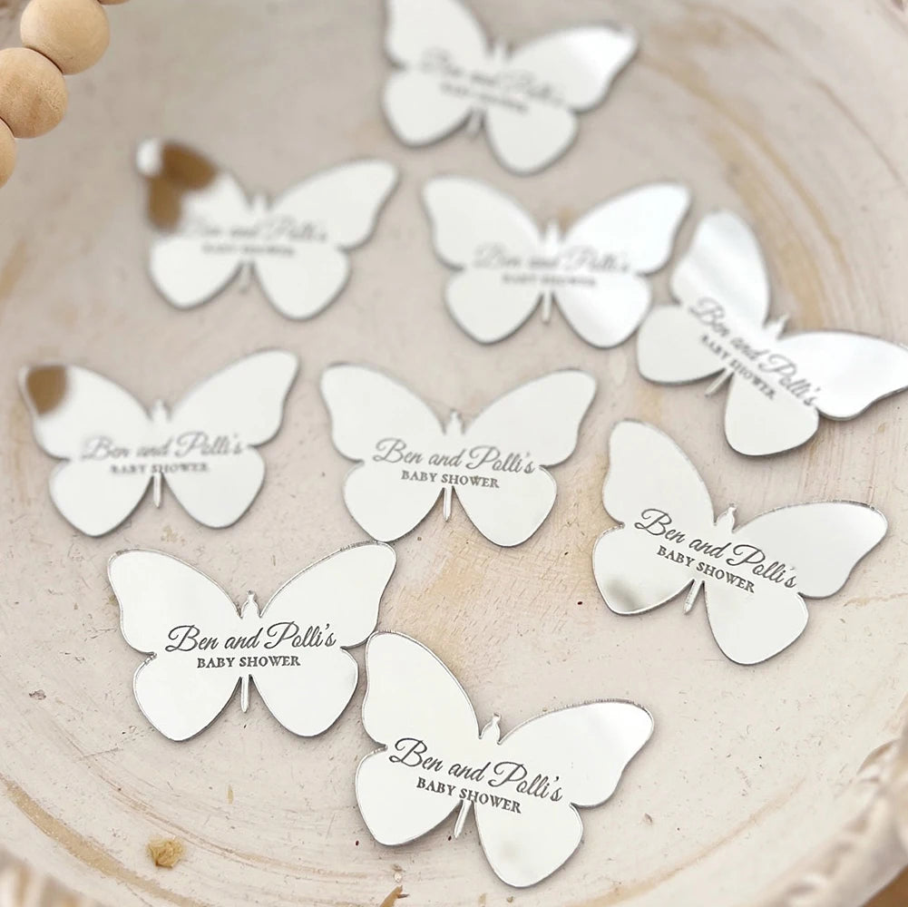 Etiquetas de espejo acrílico, etiqueta personalizada con forma de mariposa.