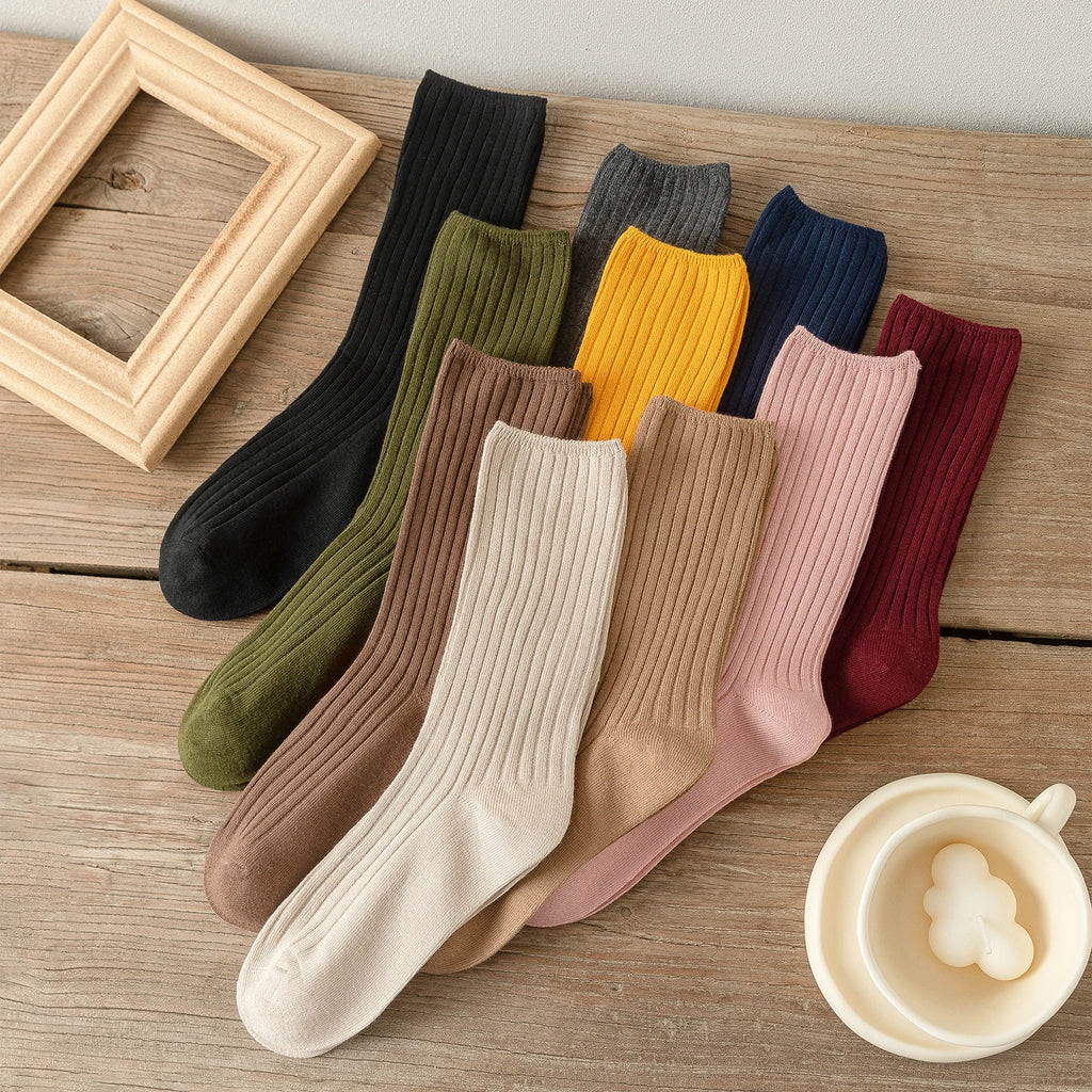 Women Cotton Loose Socks 10Pairs Retro Knitting Solid Color Long Black