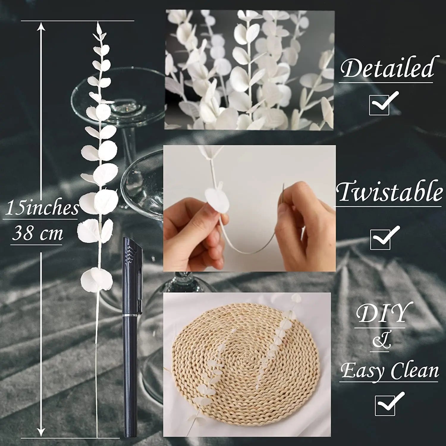 Tallos de eucalipto artificiales, planta falsa de dólar de plata.