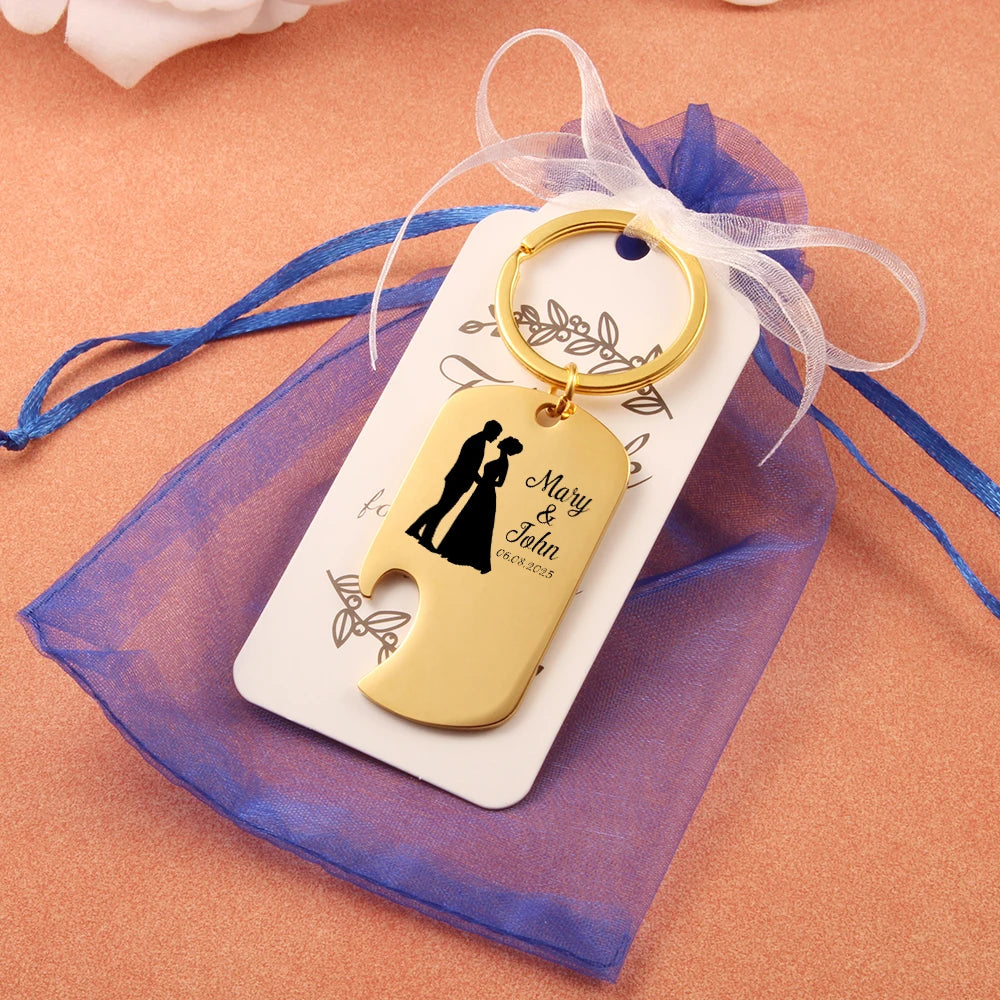 Apribottiglie con incisione laser personalizzata, portachiavi in ​​acciaio inossidabile dorato.