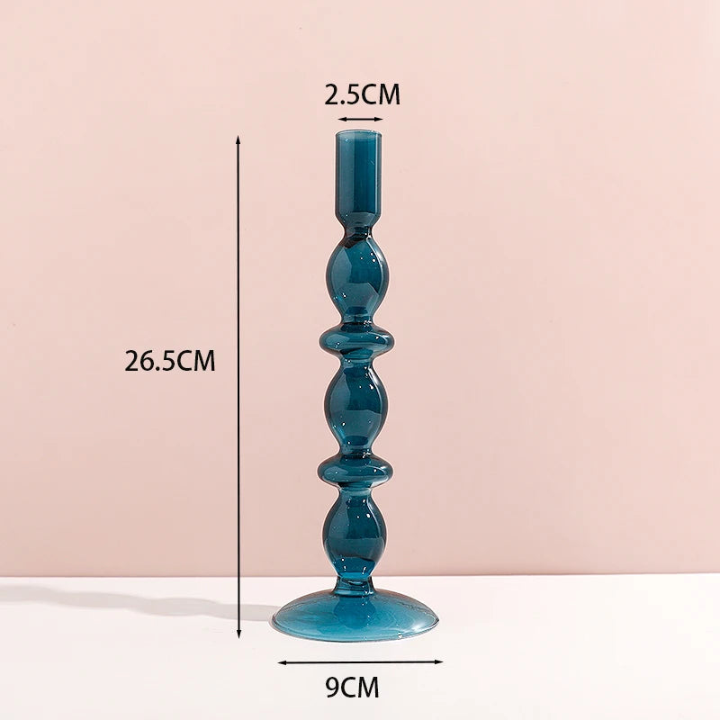 Marineblauer Kerzenhalter aus Glas mit Streifen und Blumenmuster