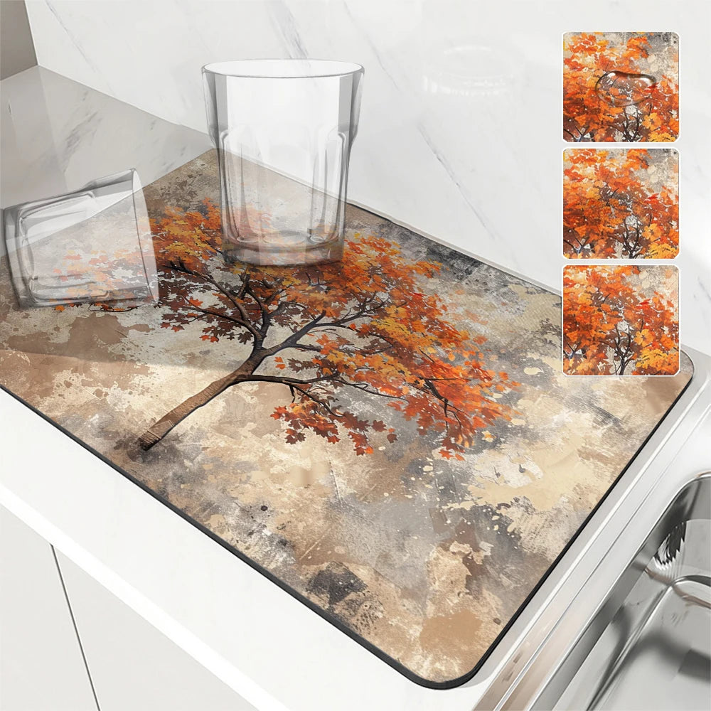Large Kitchen Absorbent Mat Autumn Leaves Dish Drying Mat