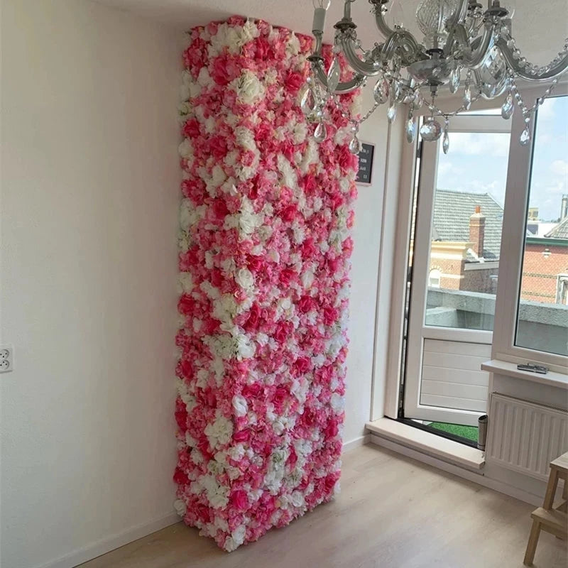 Decoración de fondo de pared con flores artificiales de rosas de seda rosa