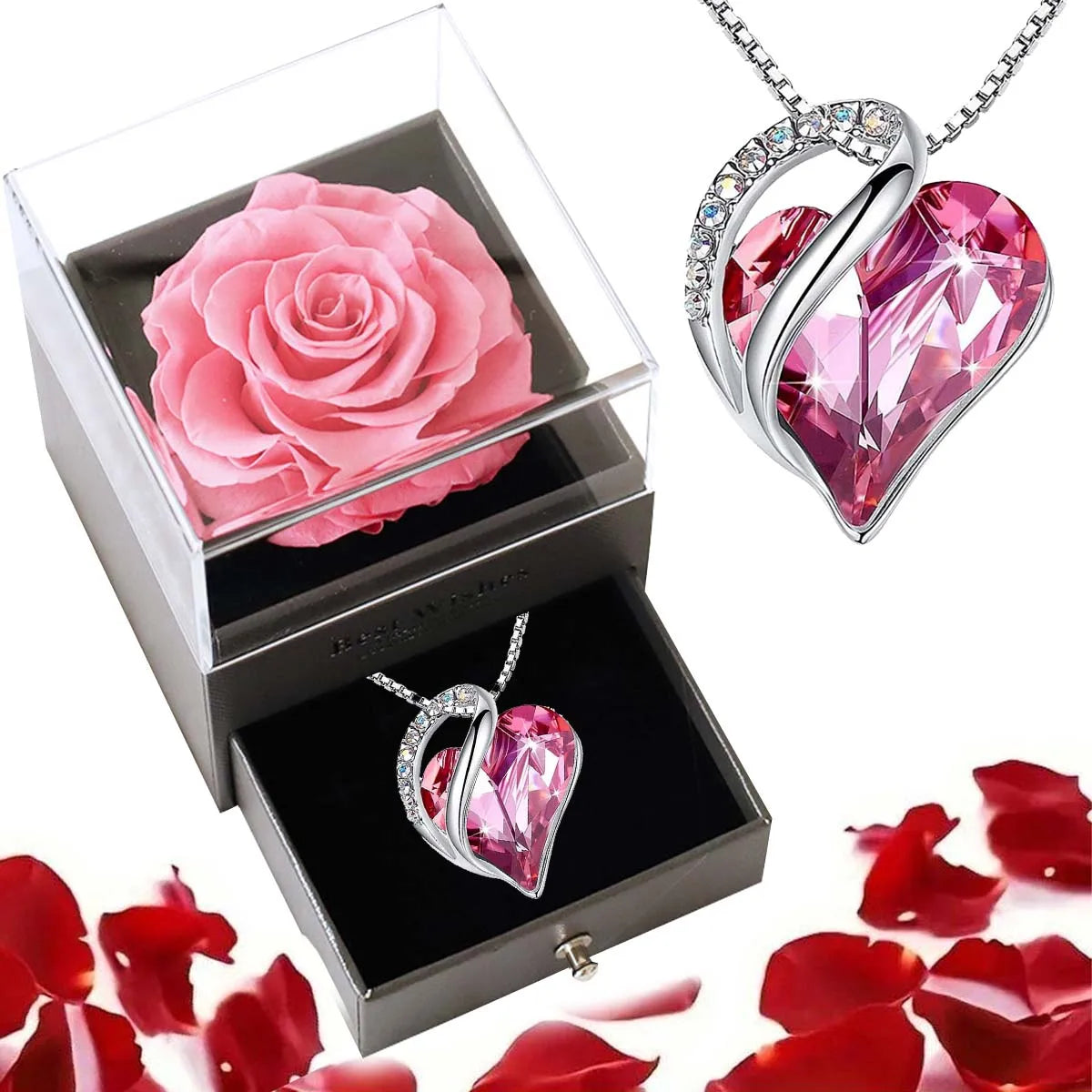Collana con cuore oceanico e rosa eterna, regalo di San Valentino.