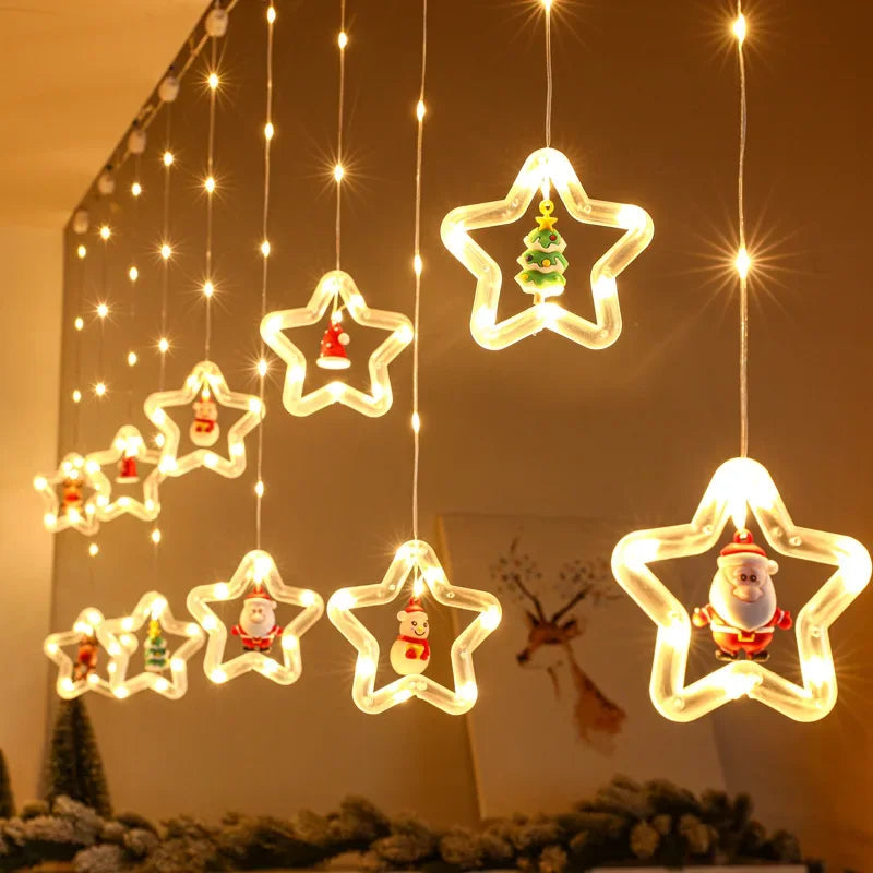 Christmas Lights String Star Santa Claus Curtain.