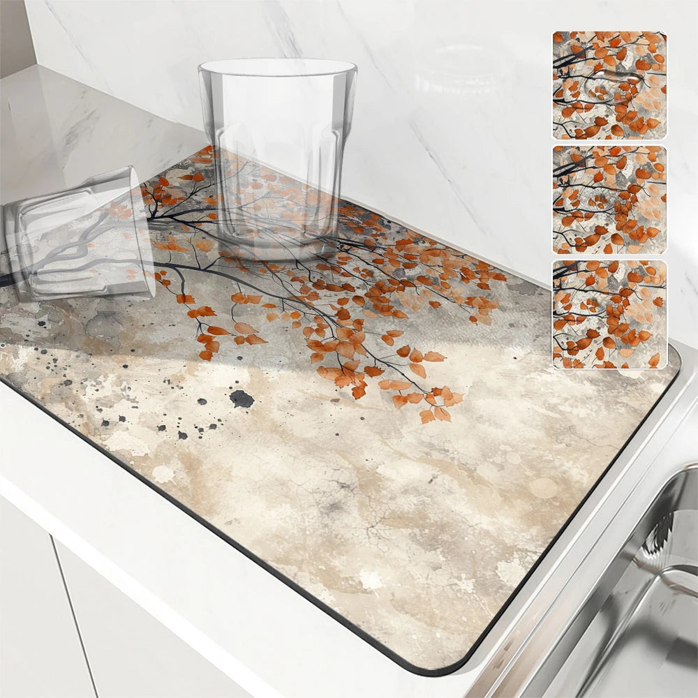 Large Kitchen Absorbent Mat Autumn Leaves Dish Drying Mat