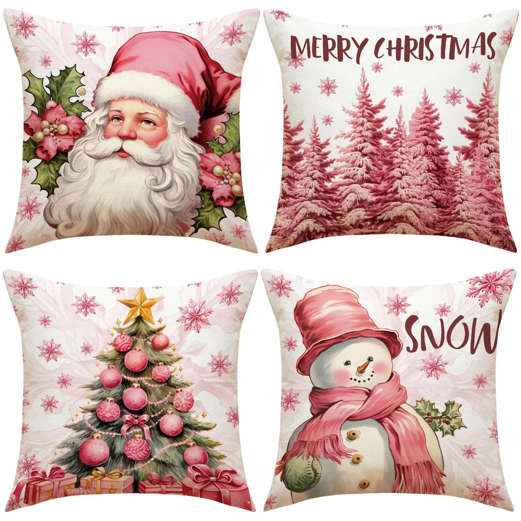 Funda de almohada navideña rosa 45x45cm Papa Noel, Muñeco de Nieve Arbol de Navidad.