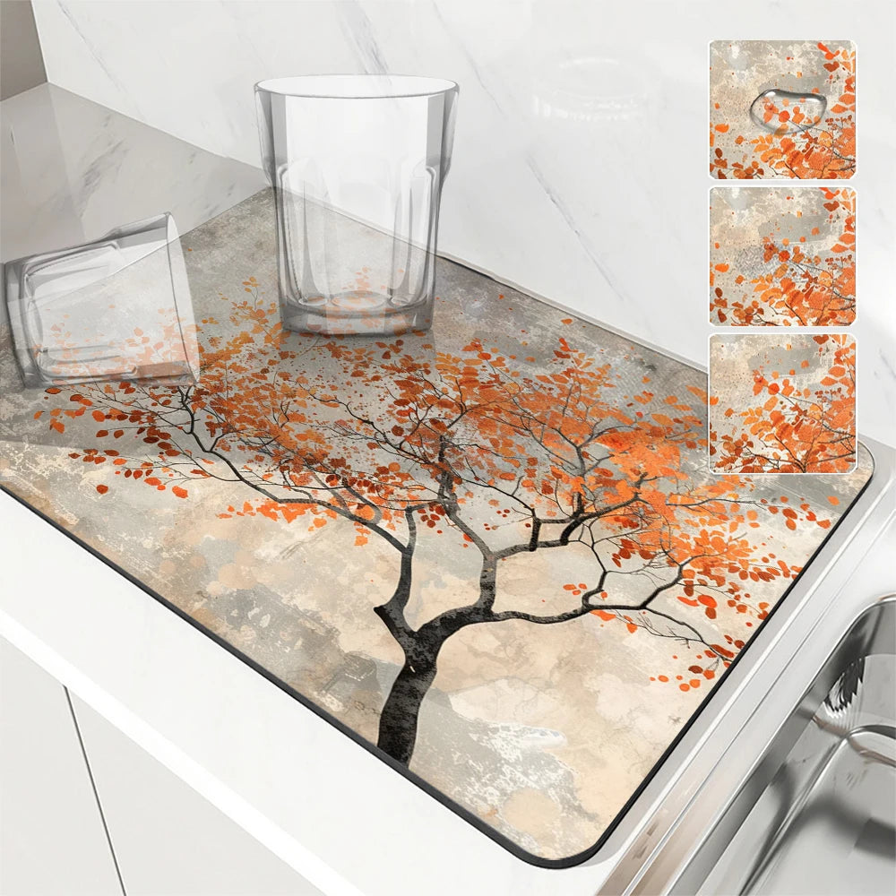 Large Kitchen Absorbent Mat Autumn Leaves Dish Drying Mat