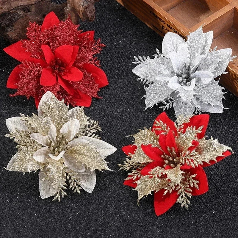 Glitzernde künstliche Weihnachtsblumen, 10 Stück/14 cm Dekorationen