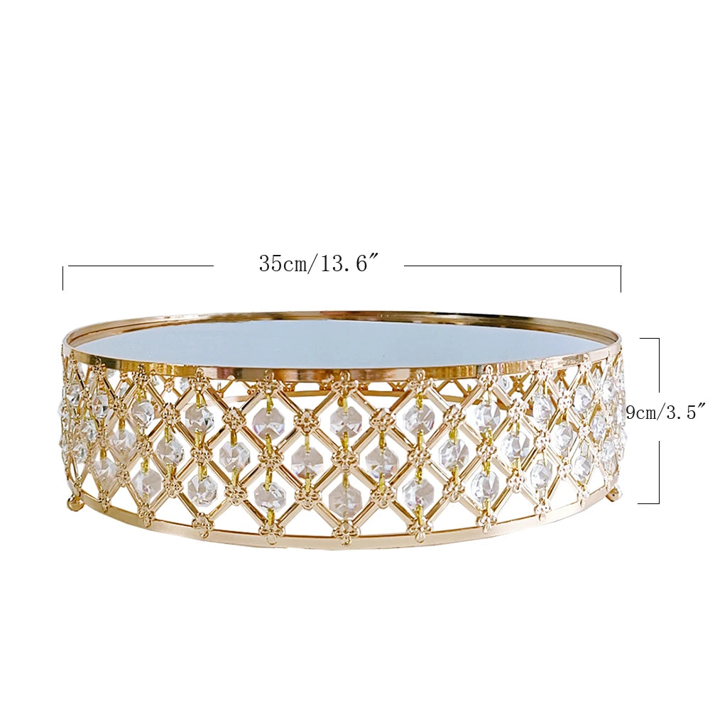 Plato redondo de metal con espejo de cristal dorado para tartas