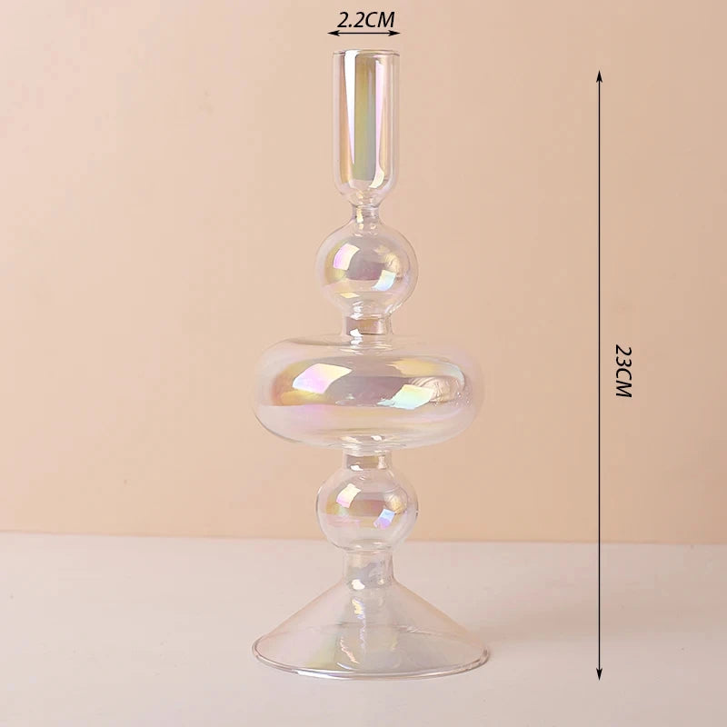 Marineblauer Kerzenhalter aus Glas mit Streifen und Blumenmuster