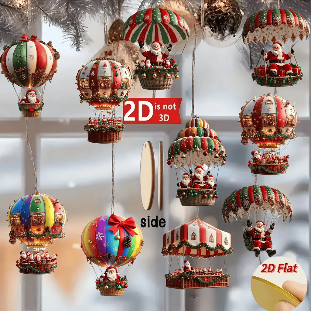 Wooden Hot Air Balloon Santa Claus 2D Flat Wooden Pendant.