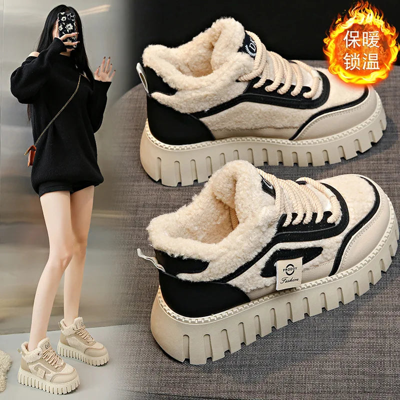 New Winter Warm Cotton Shoes Ladies Plush Fur Thick Sole
