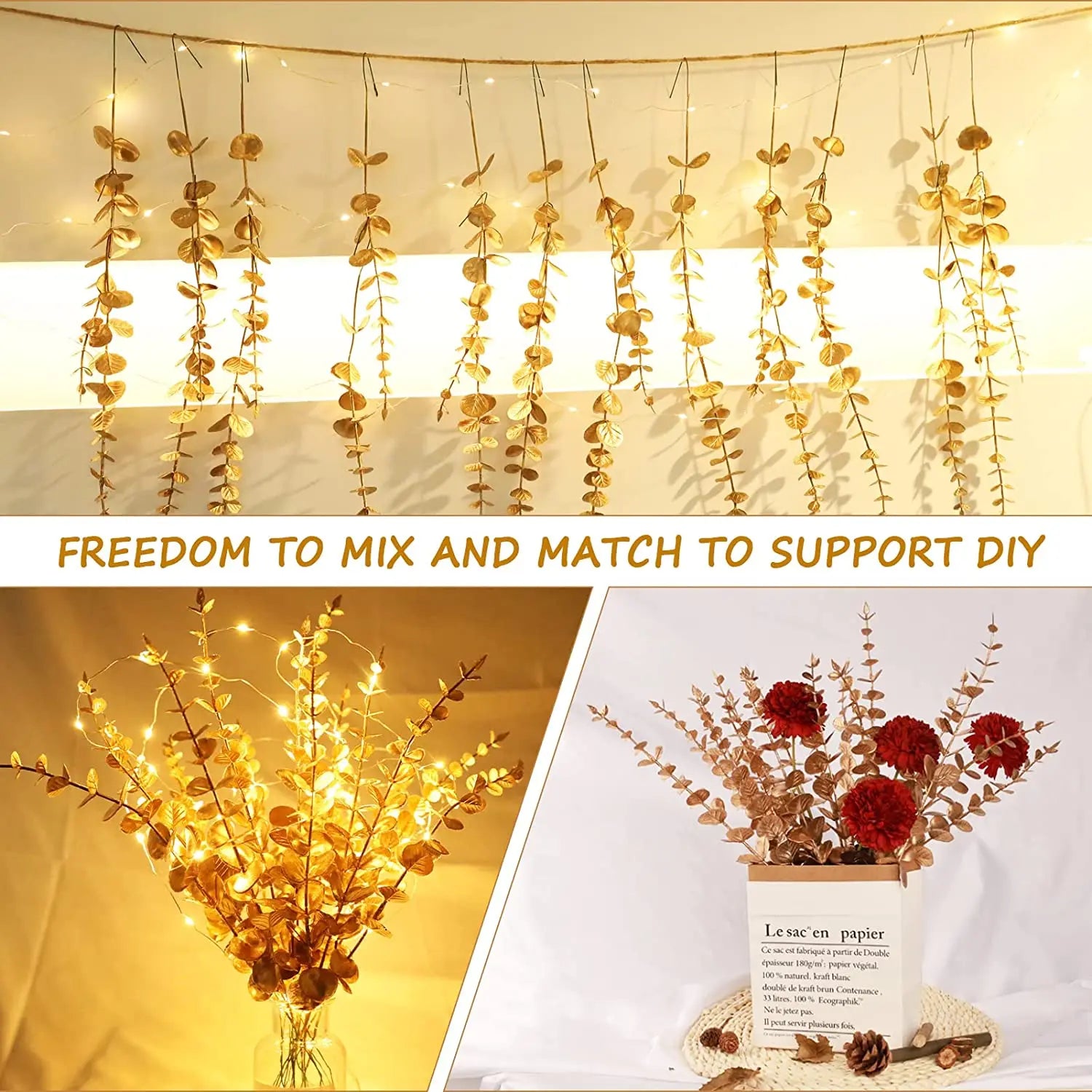 Tallos de eucalipto artificiales, planta falsa de dólar de plata.