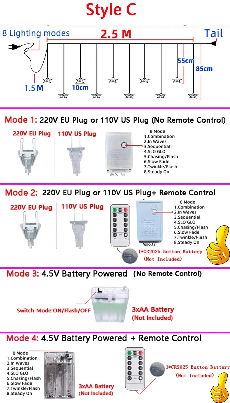 Guirnalda de luces navideñas 2025 de 220 V/110 V/batería