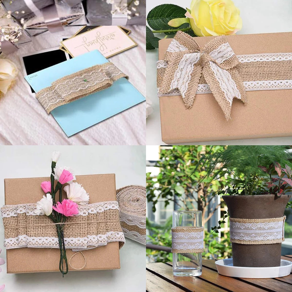 Nastri di pizzo naturale, lino e iuta, rotolo da 2 iarde.