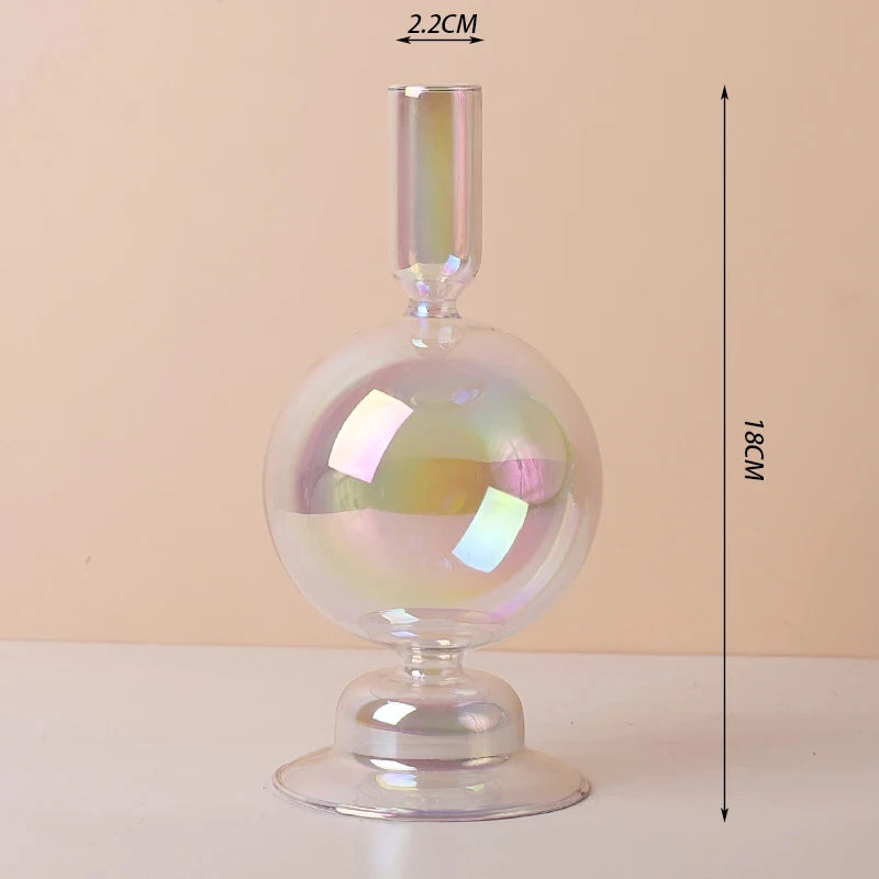 Marineblauer Kerzenhalter aus Glas mit Streifen und Blumenmuster