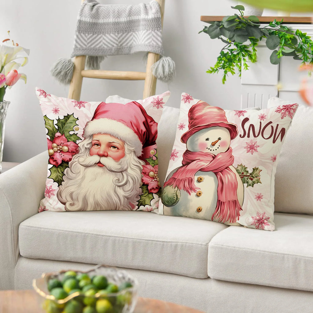 Funda de almohada navideña rosa 45x45cm Papa Noel, Muñeco de Nieve Arbol de Navidad.