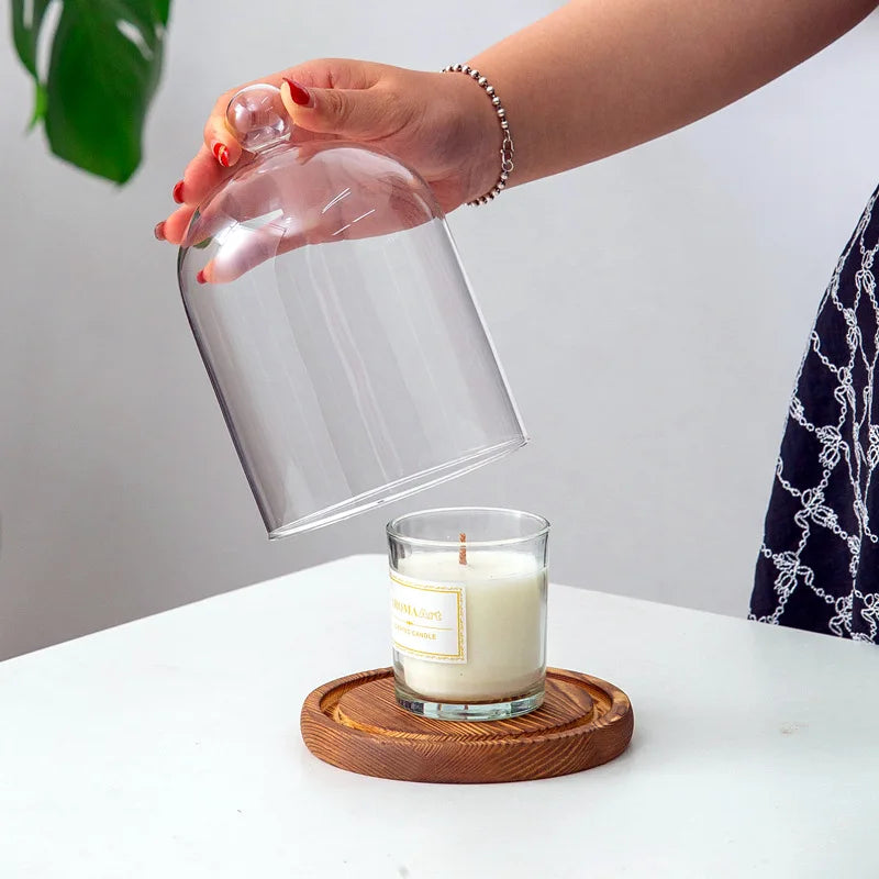 Candle Holder Glass Cover Wooden Base Aromatherapy