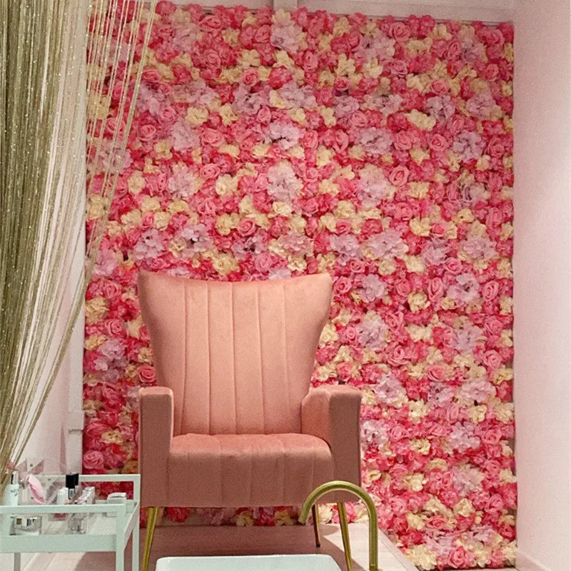 Decoración de fondo de pared con flores artificiales de rosas de seda rosa