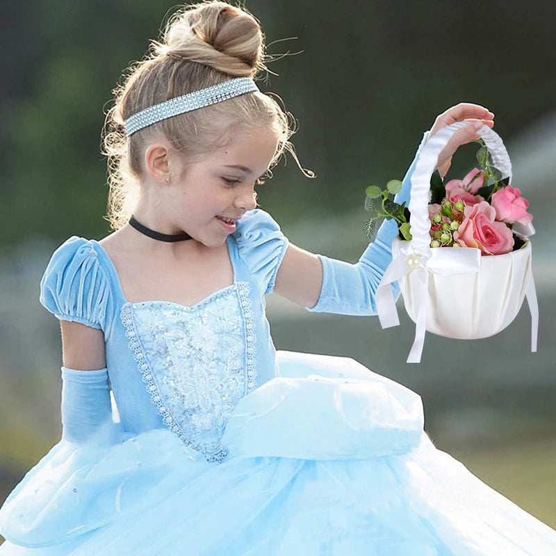 Cesta de seda para niñas con flores blancas, cesta de boda de 20 cm para ceremonia de boda.