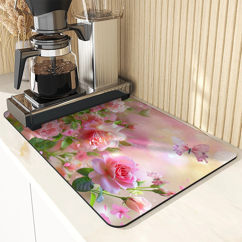 Large Kitchen Absorbent Mat Flowers Roses