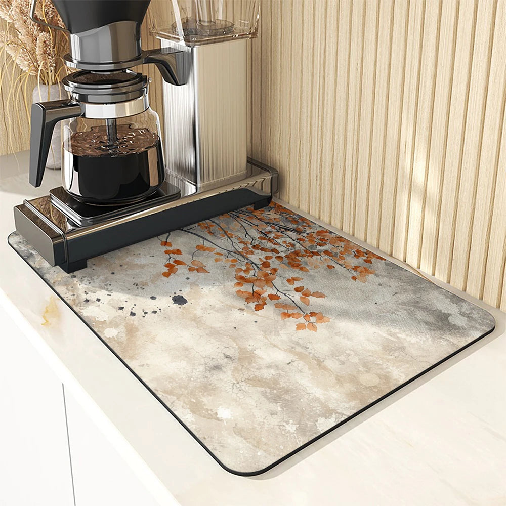 Large Kitchen Absorbent Mat Autumn Leaves Dish Drying Mat