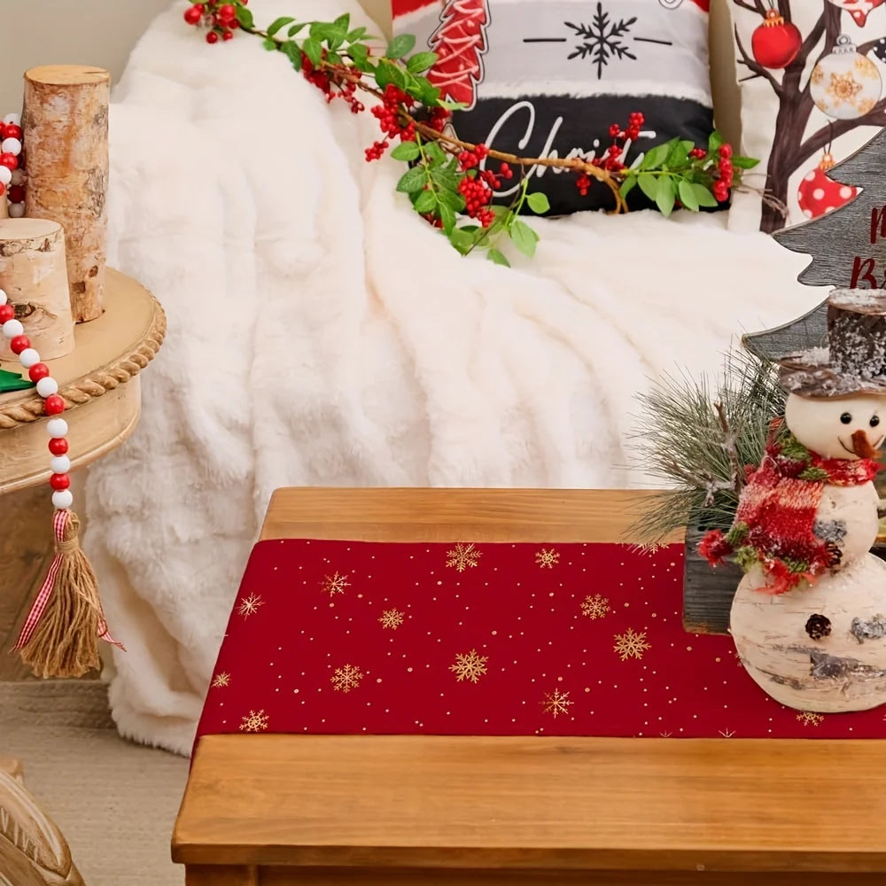 Runner da tavola natalizio rettangolare con motivo di alberi e fiocchi di neve.