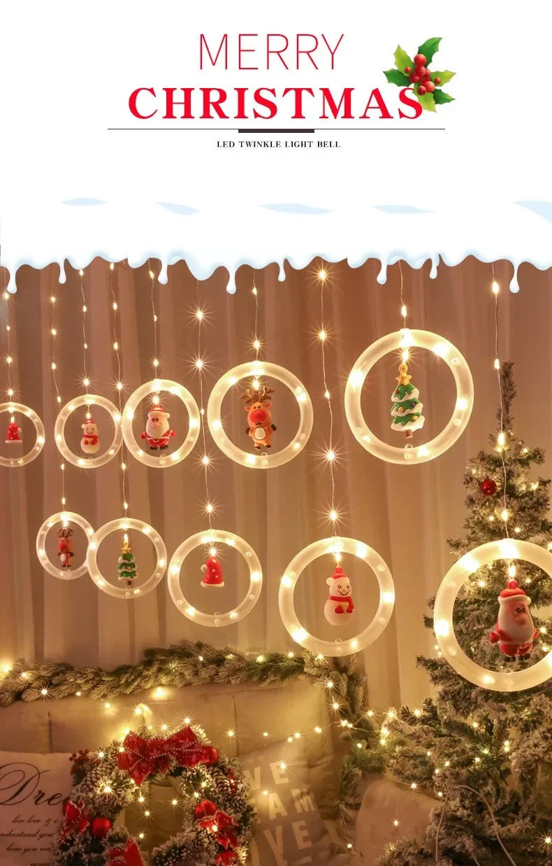 Christmas Lights String Star Santa Claus Curtain.