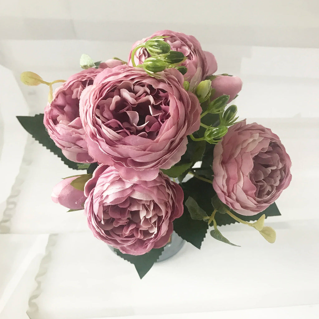 Bouquet di fiori artificiali di peonia di seta, 5 teste grandi, 30 cm, rosa