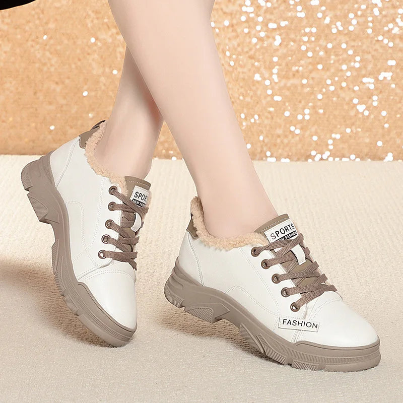 Soft Leather Sneaker Trekking Footwear Thick-soled Lace-up