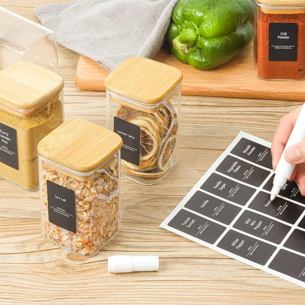 Frascos de vidrio para especias con tapa de bambú, recipientes cuadrados herméticos de 8 oz.