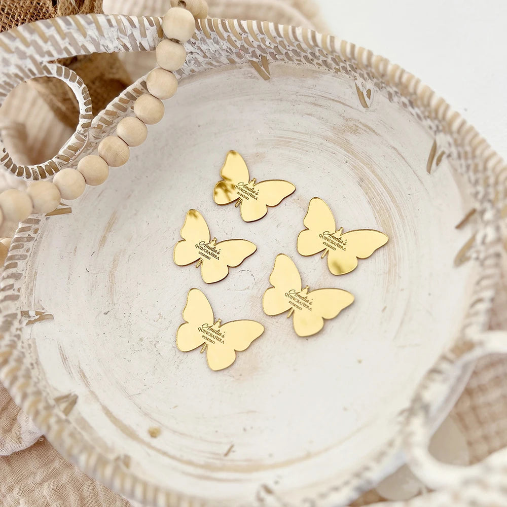 Etiquetas de espejo acrílico, etiqueta personalizada con forma de mariposa.