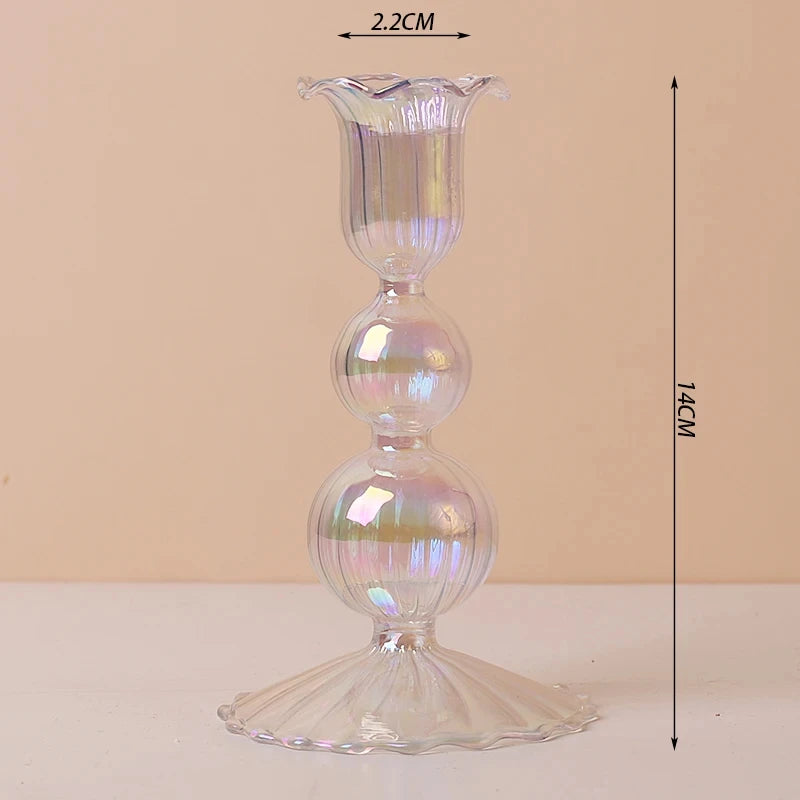 Marineblauer Kerzenhalter aus Glas mit Streifen und Blumenmuster