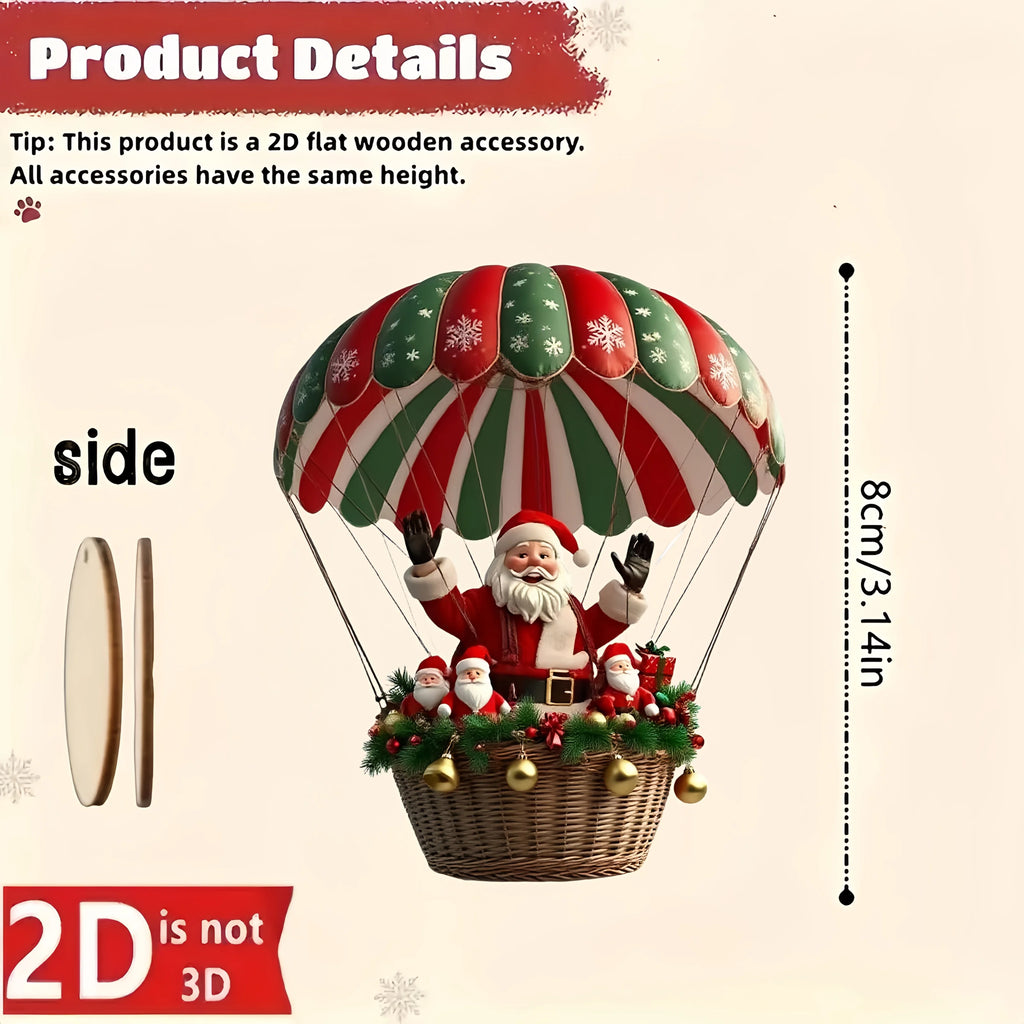 Wooden Hot Air Balloon Santa Claus 2D Flat Wooden Pendant.