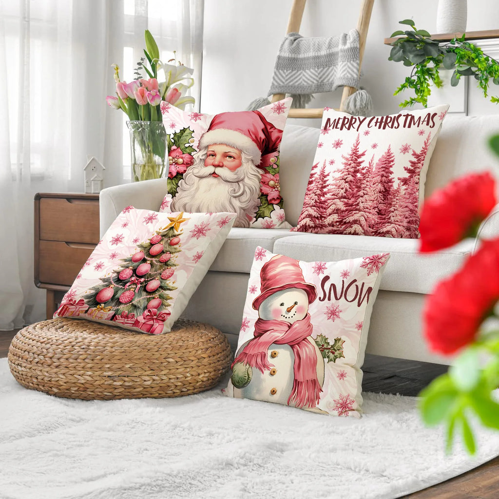 Funda de almohada navideña rosa 45x45cm Papa Noel, Muñeco de Nieve Arbol de Navidad.