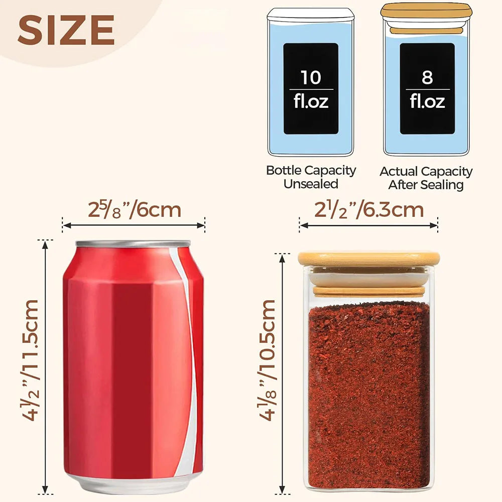 Frascos de vidrio para especias con tapa de bambú, recipientes cuadrados herméticos de 8 oz.
