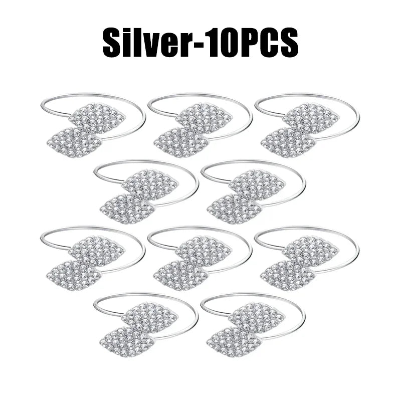 Anillos de servilleta con hojas, elegante decoración de mesa con hojas doradas y plateadas.