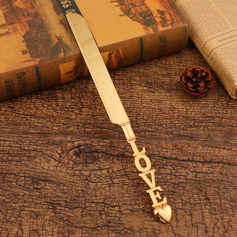 Juego de cuchillos y servidor retro dorados LOVE, 2 piezas, regalo de boda