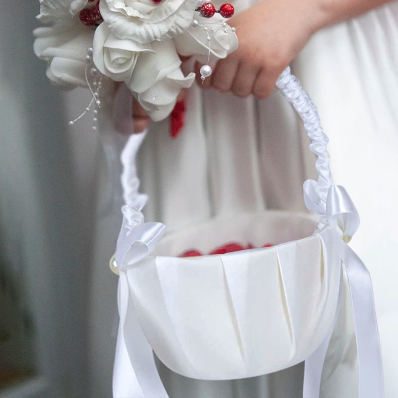 Cesta de seda para niñas con flores blancas, cesta de boda de 20 cm para ceremonia de boda.