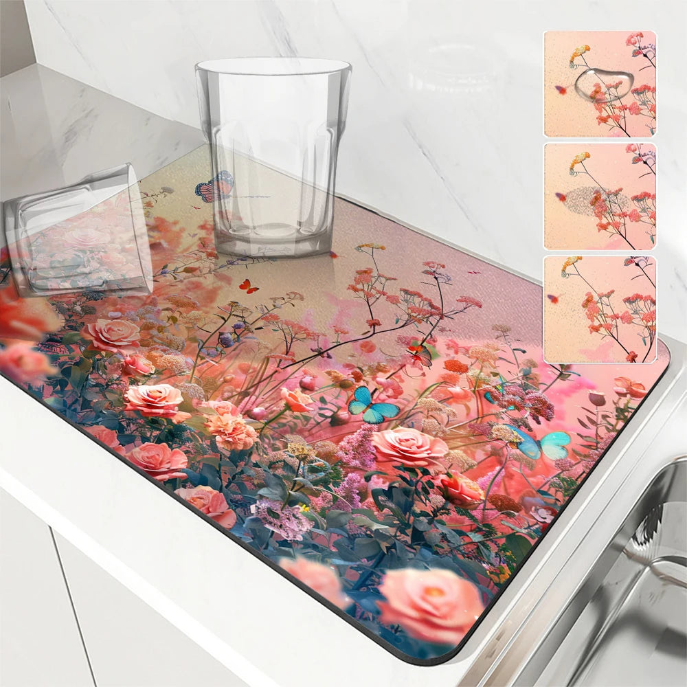 Large Kitchen Absorbent Mat Flowers Roses
