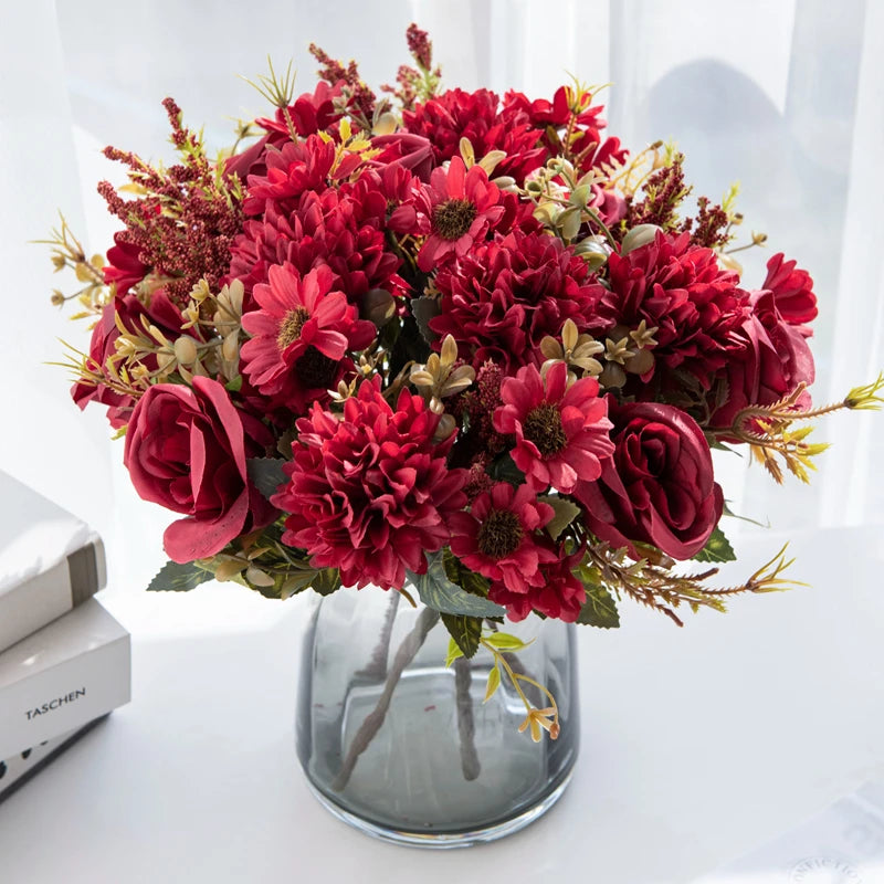 1/4PCS Artificial Flowers Cheap New Year Decorations Wedding Garden Peony Arch Christmas Home Fake Silk Rose Hydrangeas Vase Diy