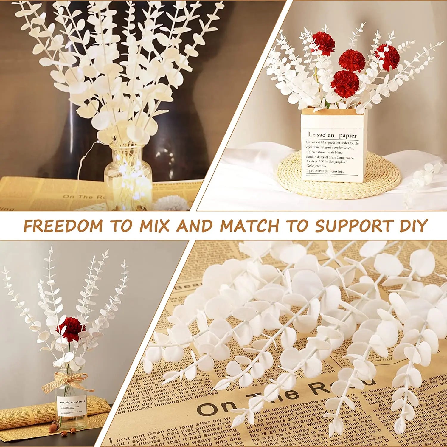 Tallos de eucalipto artificiales, planta falsa de dólar de plata.