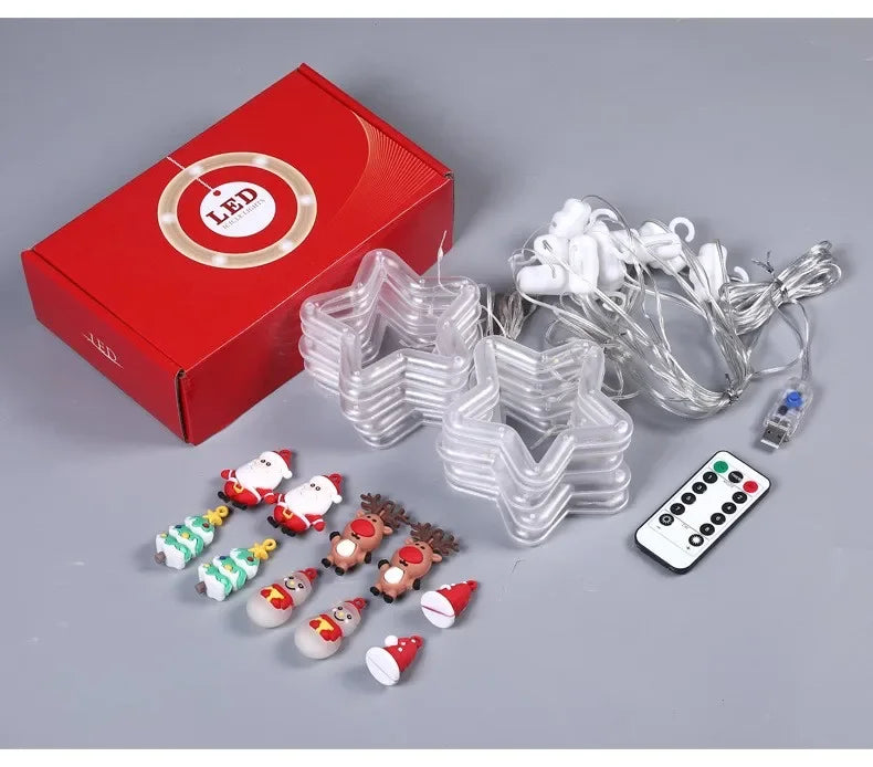 Christmas Lights String Star Santa Claus Curtain.