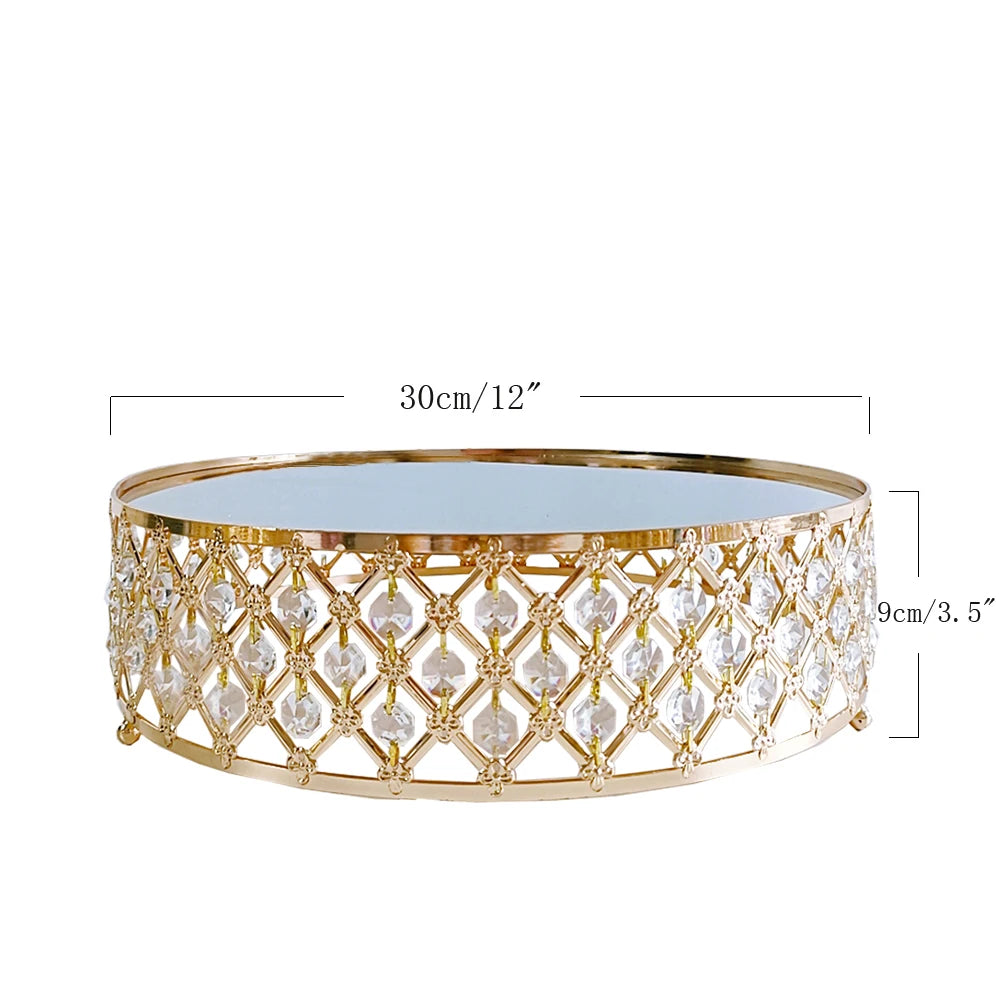 Alzata per torta in metallo con specchio di cristallo dorato, piatto rotondo