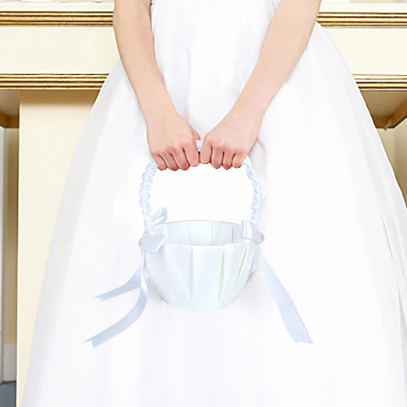 Cesta de seda para niñas con flores blancas, cesta de boda de 20 cm para ceremonia de boda.